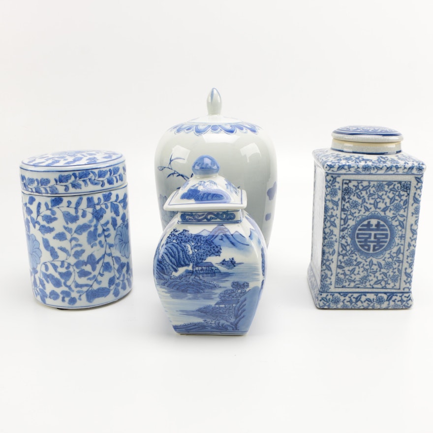 Collection of Chinese Blue on White Porcelain Lidded Jars