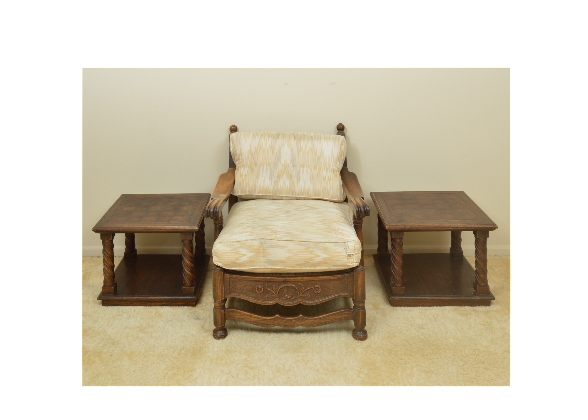 Low-Backed Oak Chair with Pair of End Tables