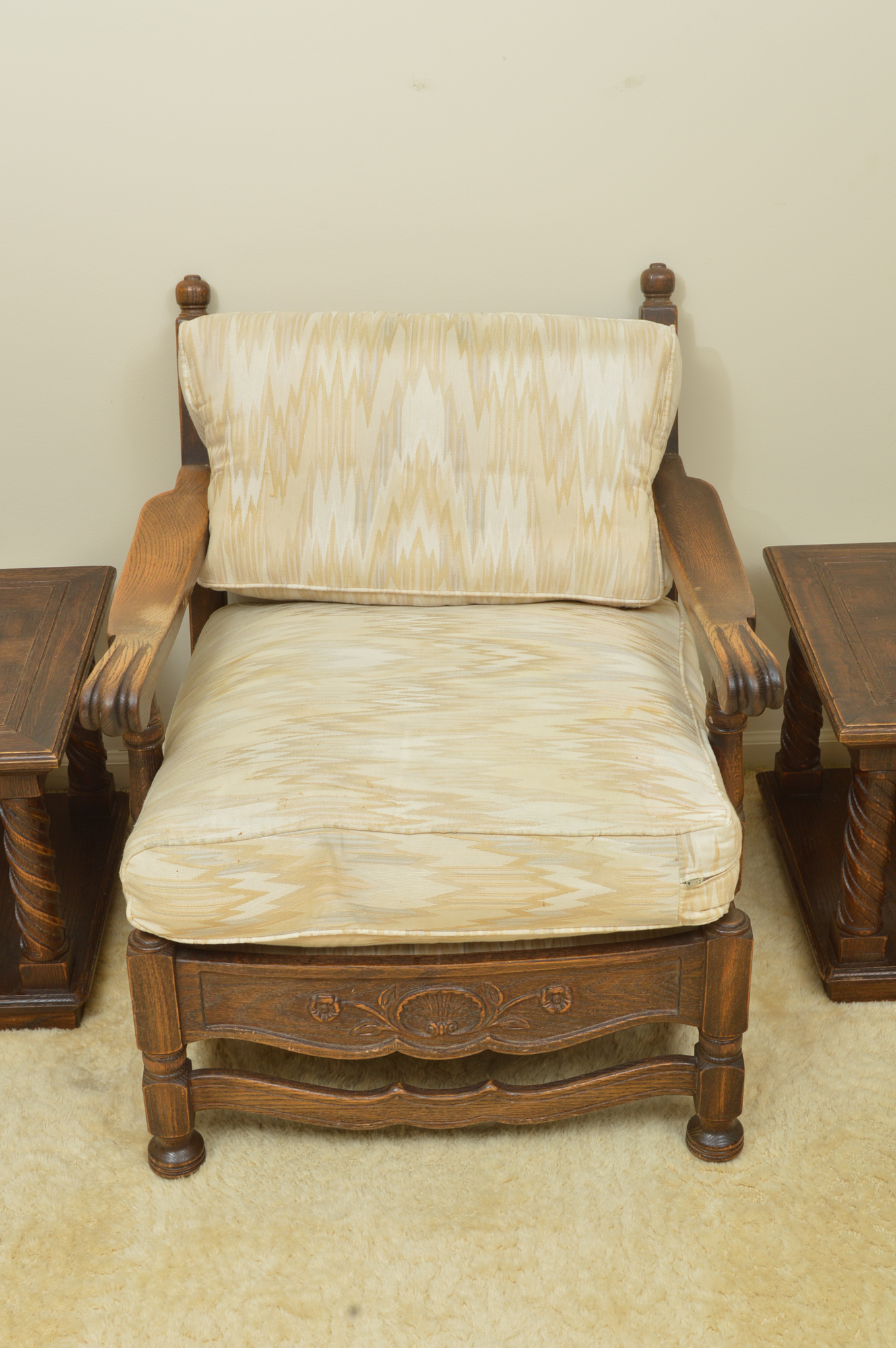 Low-Backed Oak Chair with Pair of End Tables