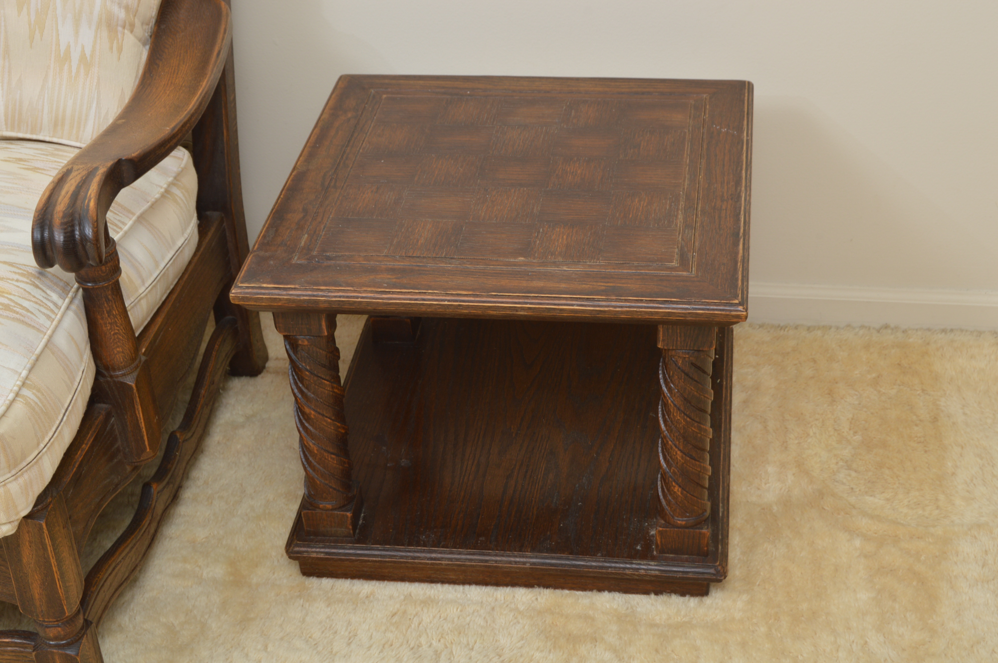 Low-Backed Oak Chair with Pair of End Tables