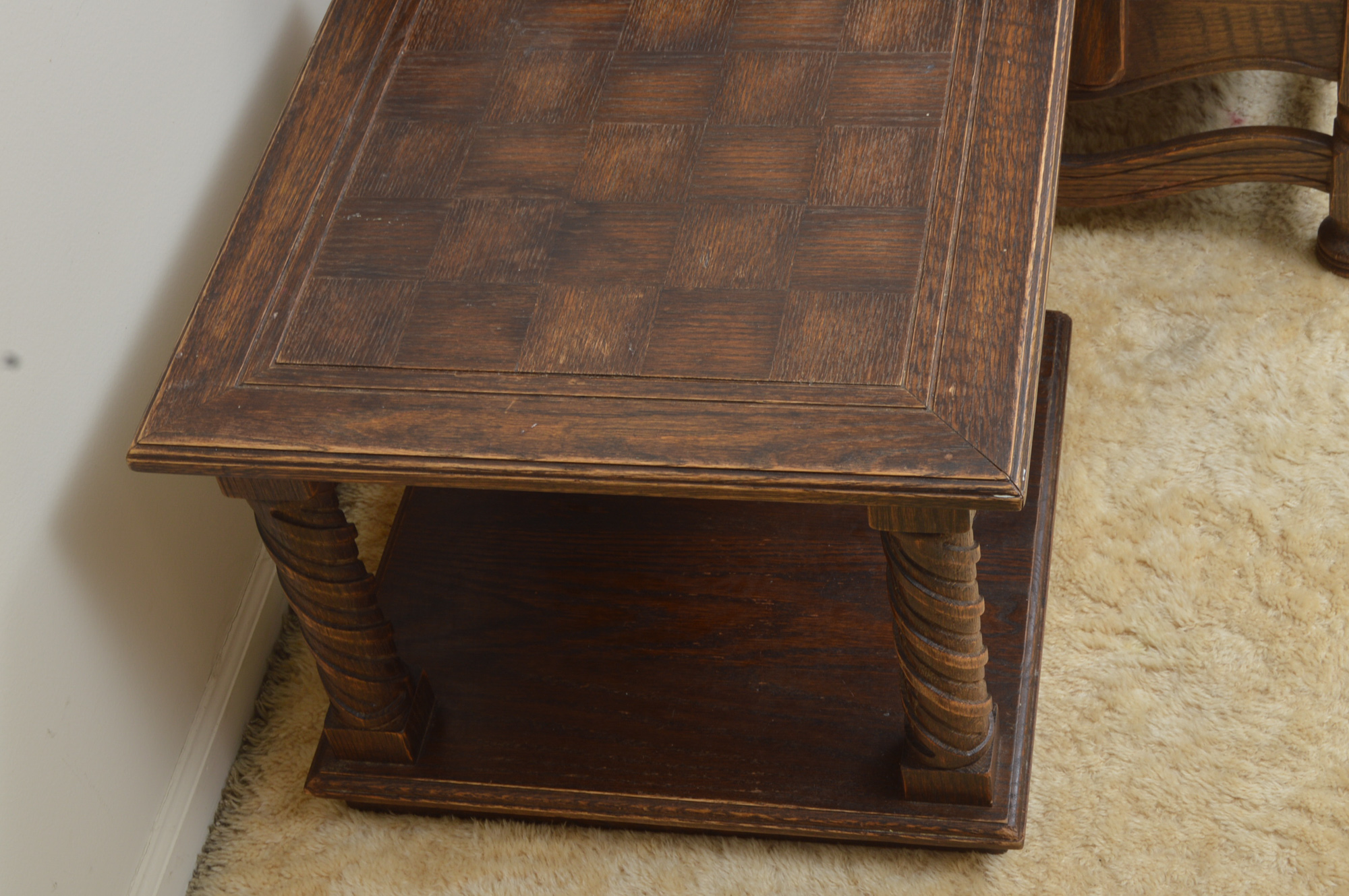 Low-Backed Oak Chair with Pair of End Tables