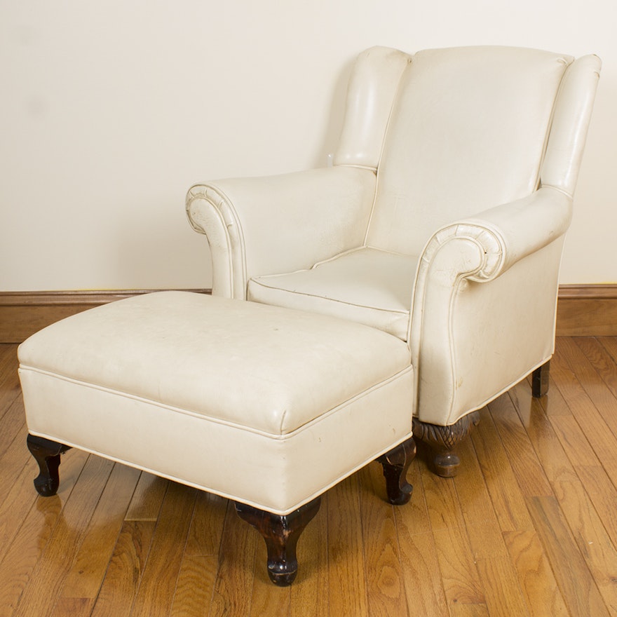 White Leather Wing Back Chair With Ottoman