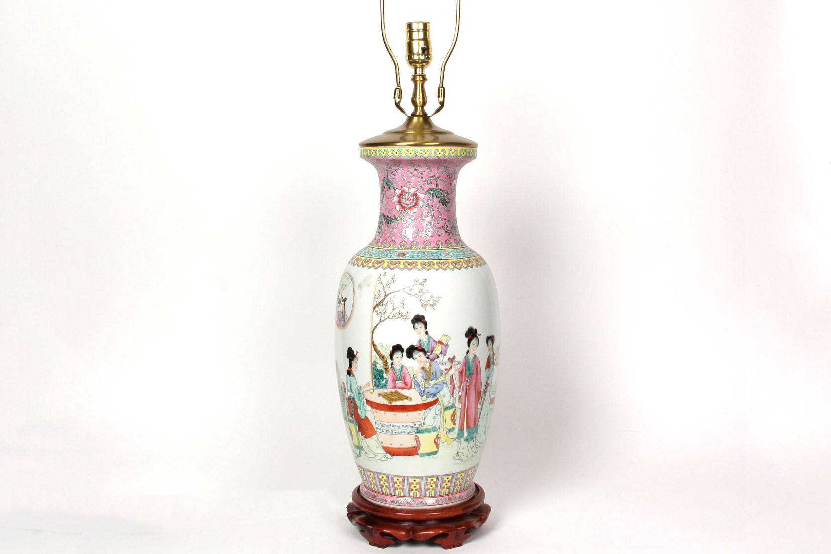 Chinese Famille Rose Style Lamp with Wooden Pedestal Base