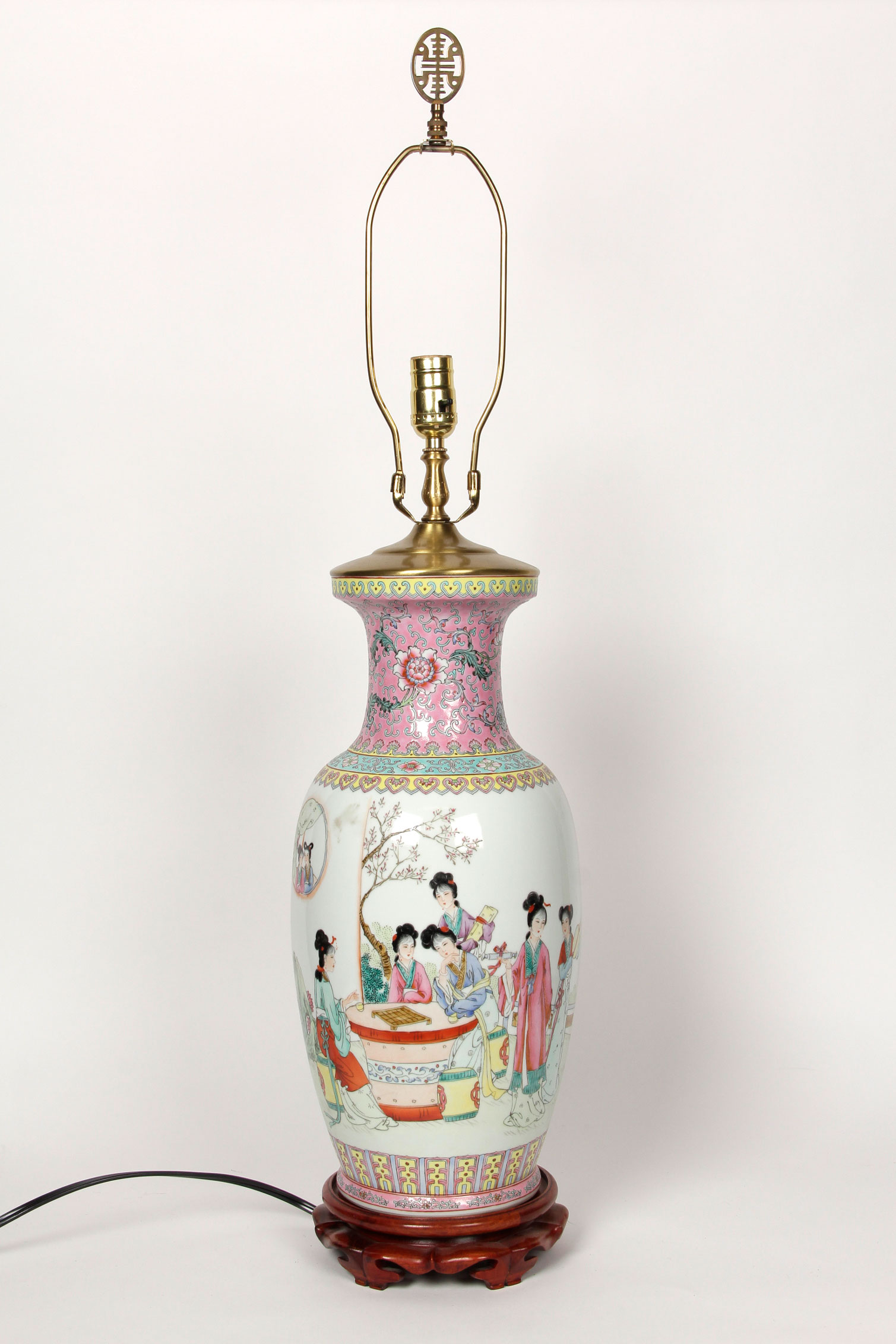 Chinese Famille Rose Style Lamp with Wooden Pedestal Base