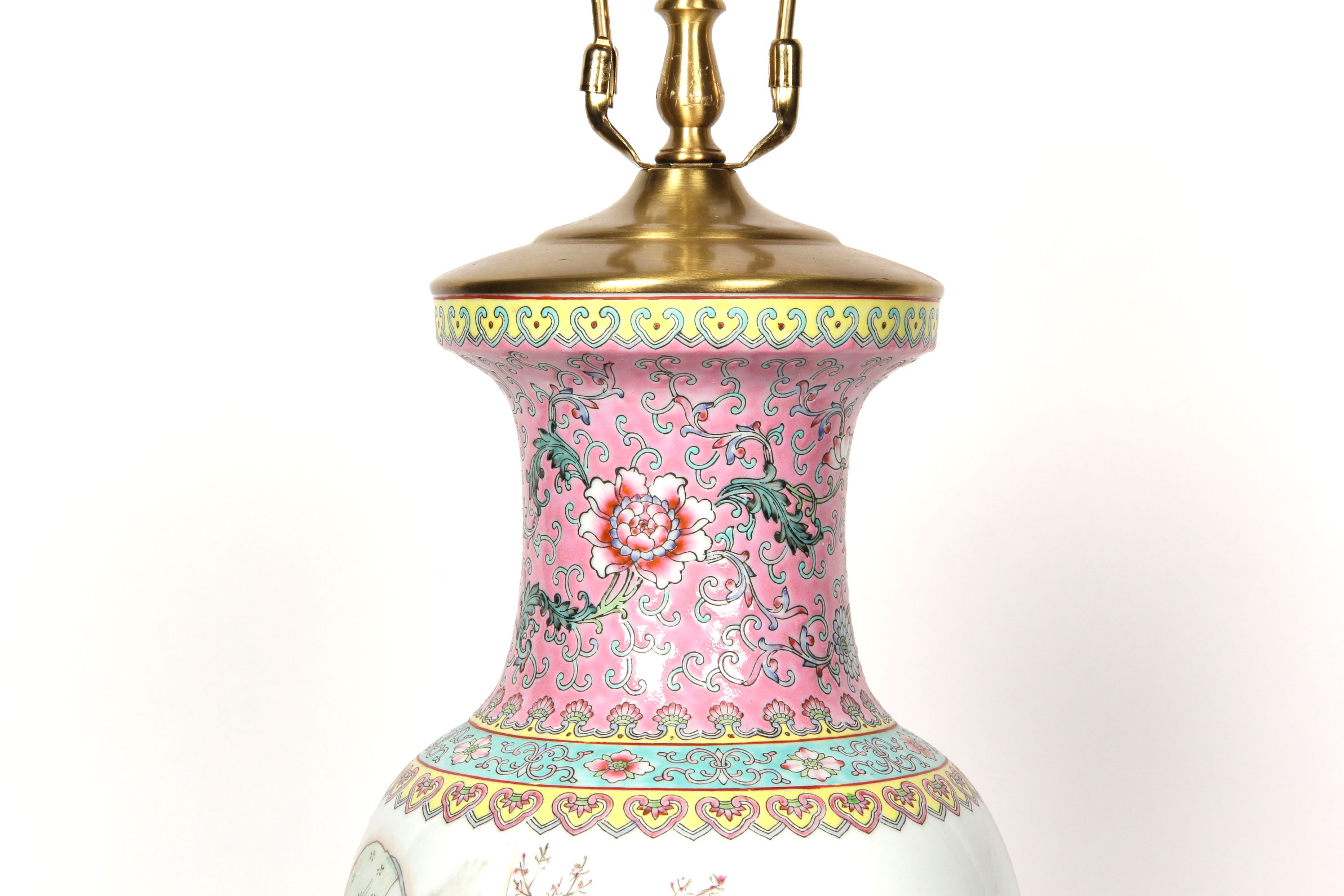 Chinese Famille Rose Style Lamp with Wooden Pedestal Base