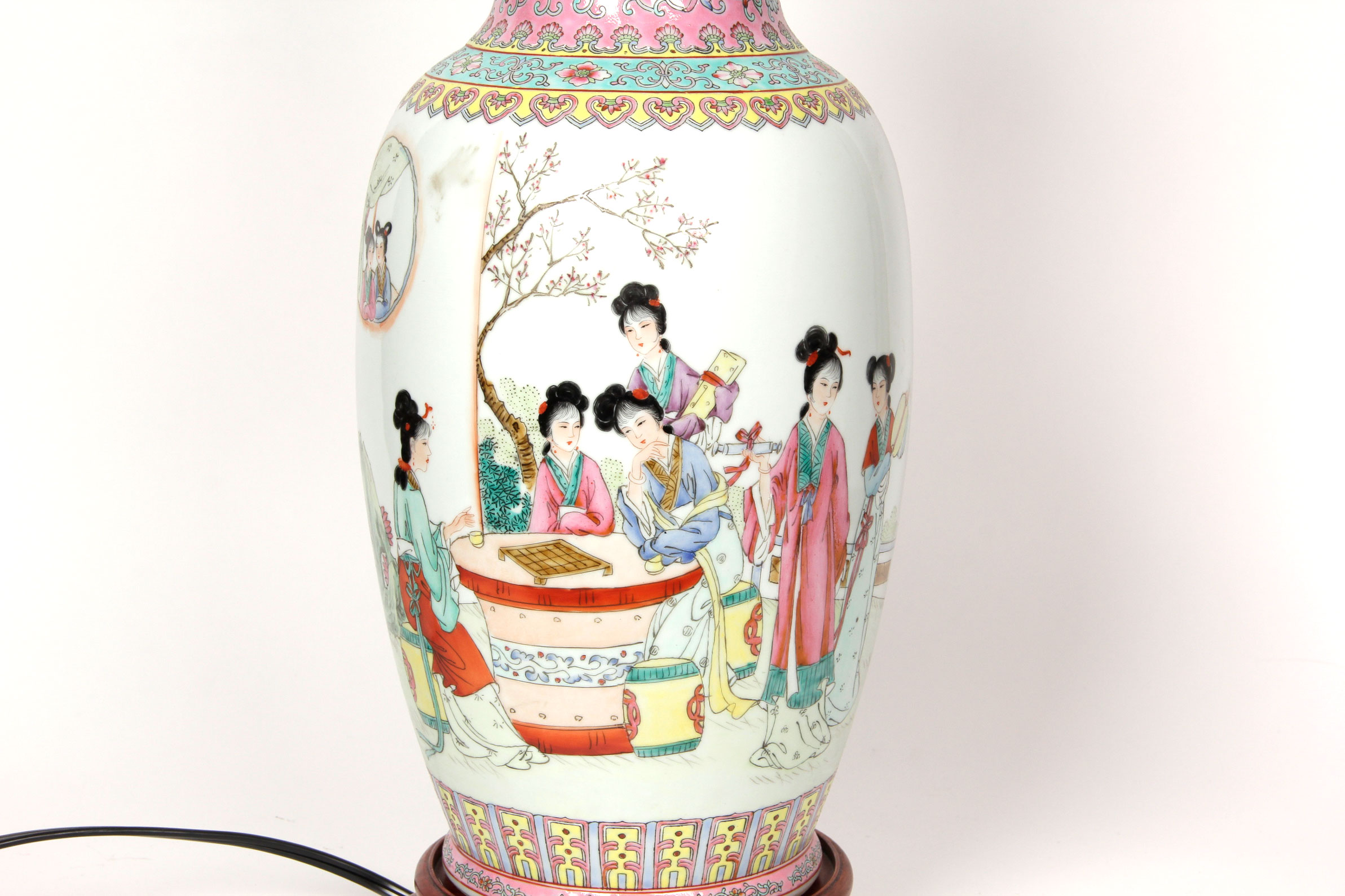 Chinese Famille Rose Style Lamp with Wooden Pedestal Base