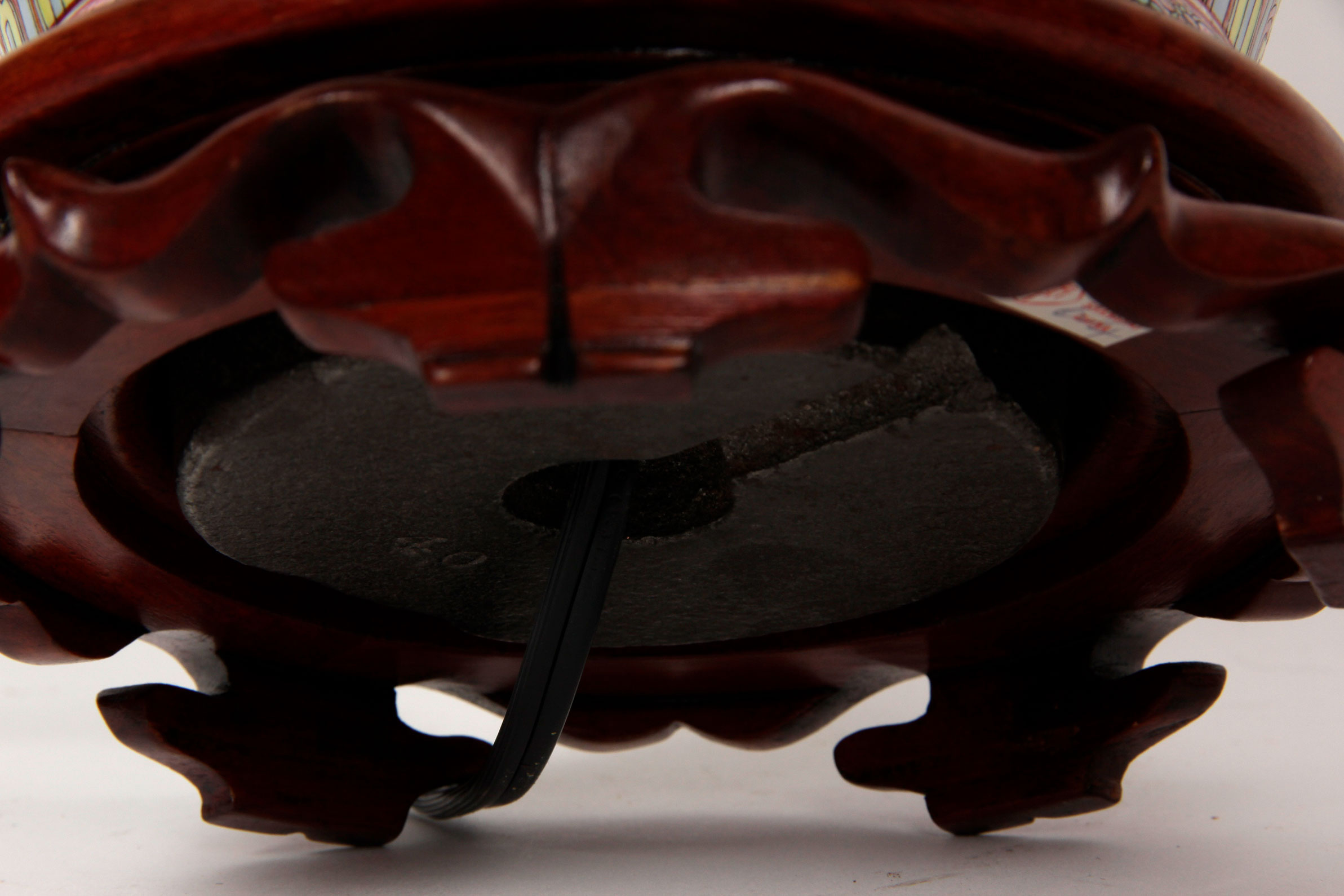 Chinese Famille Rose Style Lamp with Wooden Pedestal Base