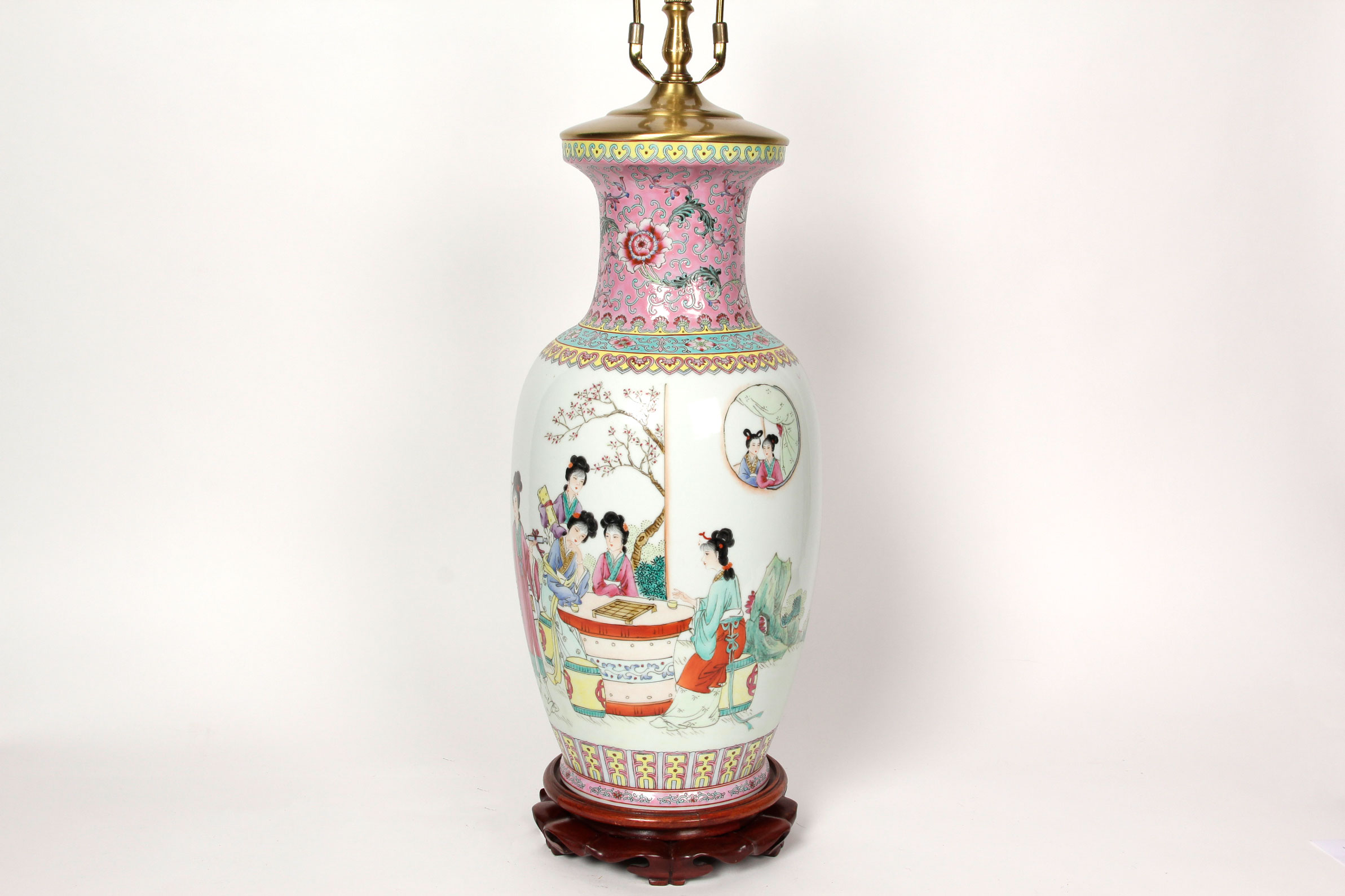 Chinese Famille Rose Style Lamp with Wooden Pedestal Base