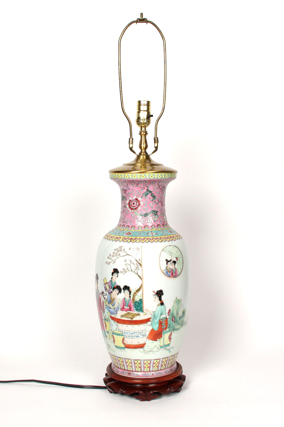 Chinese Famille Rose Style Lamp with Wooden Pedestal Base