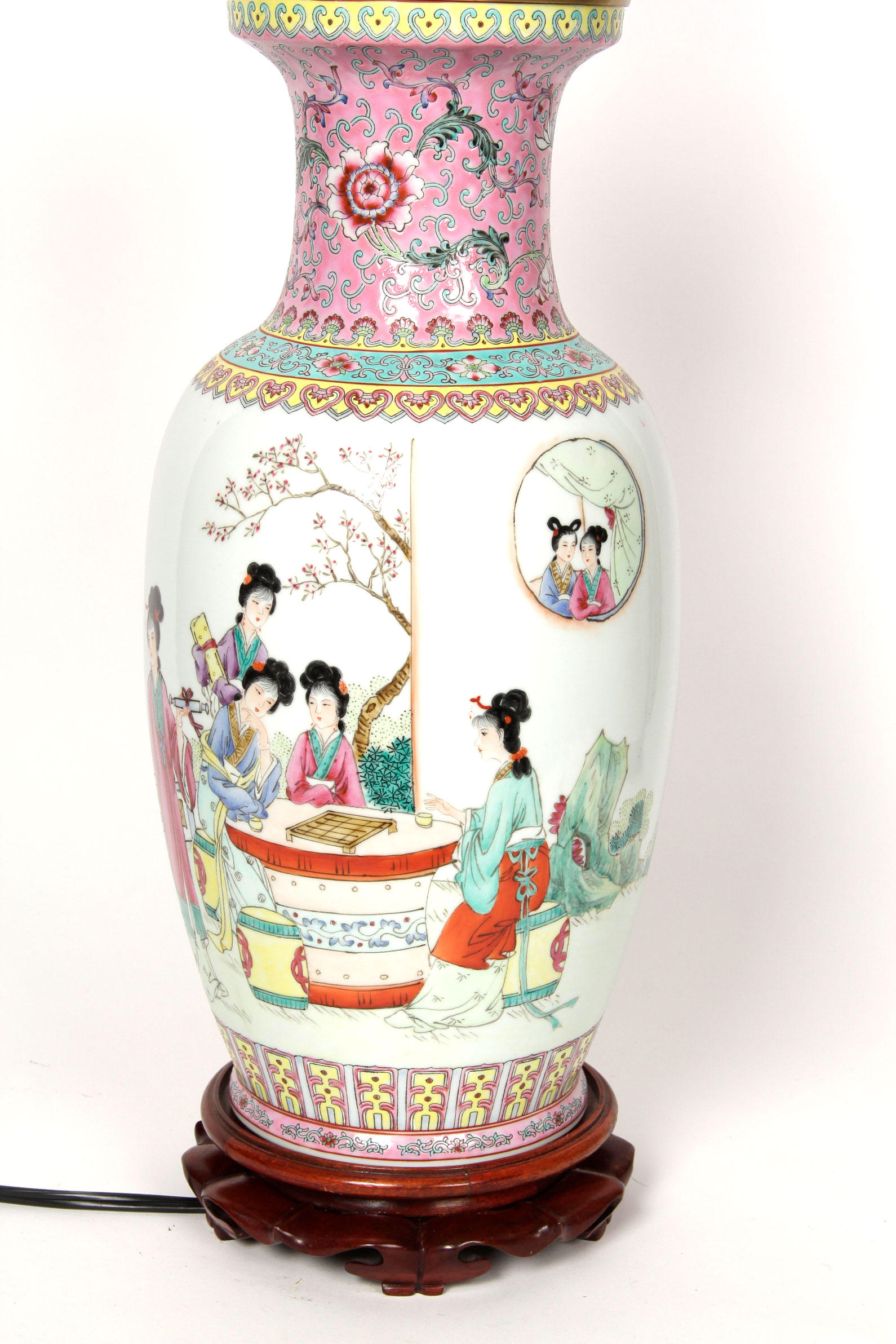 Chinese Famille Rose Style Lamp with Wooden Pedestal Base
