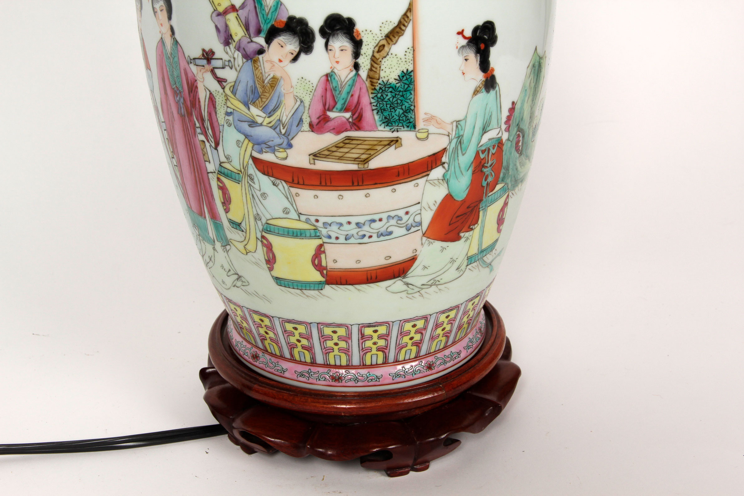 Chinese Famille Rose Style Lamp with Wooden Pedestal Base