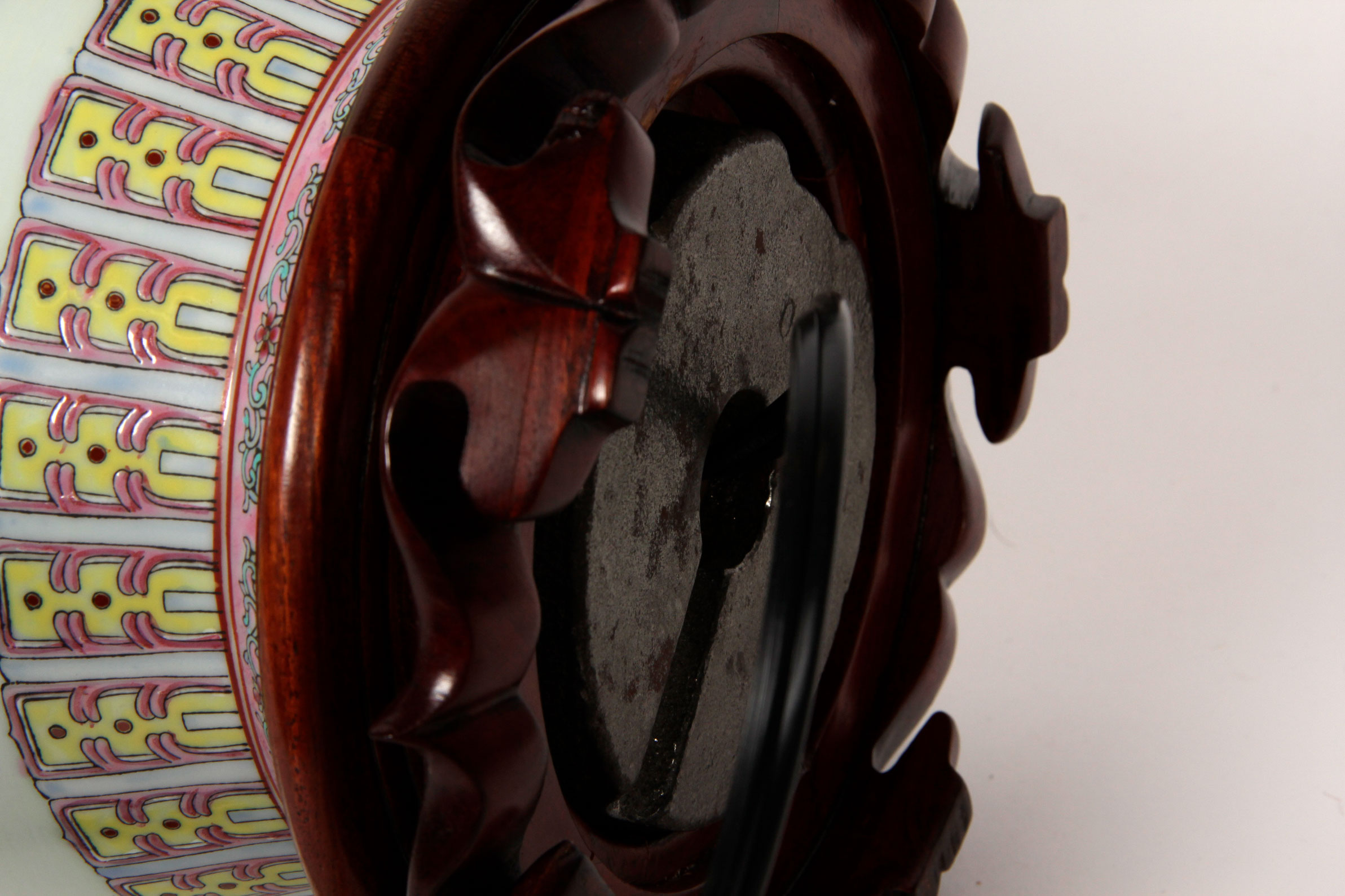 Chinese Famille Rose Style Lamp with Wooden Pedestal Base