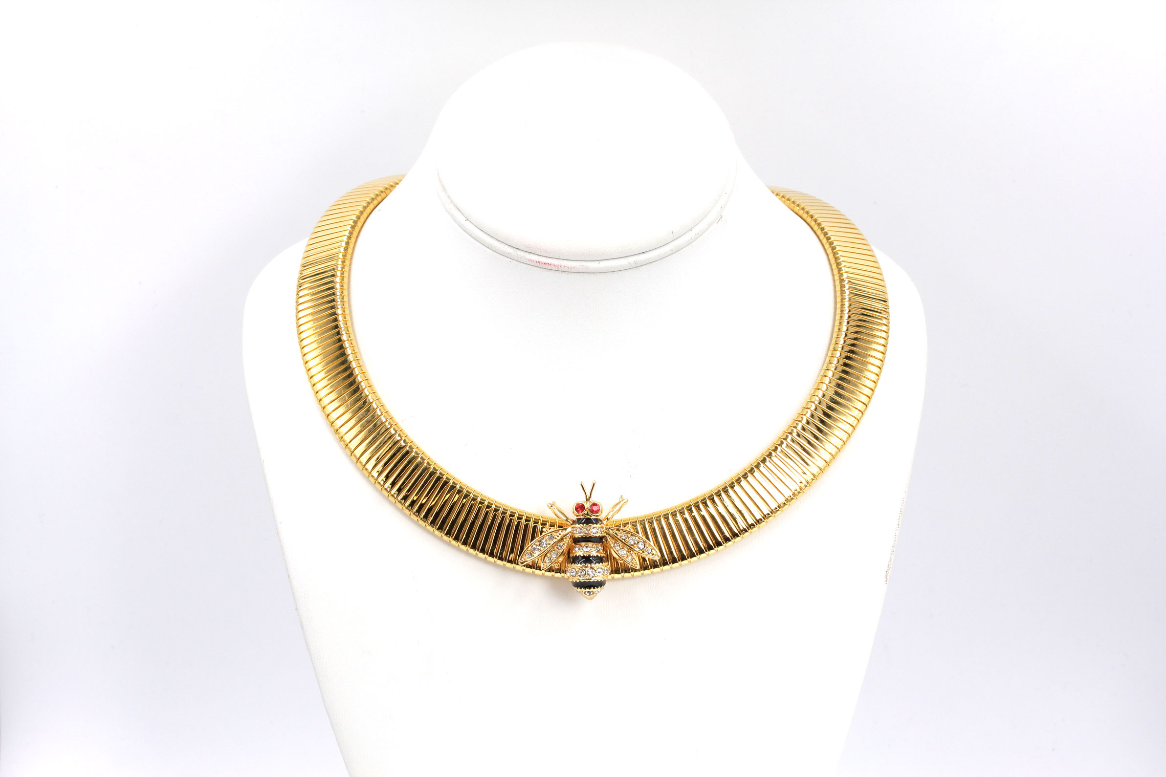 18K Gold Overlay Russian Imperial Slider Necklace with Bee Pendant and Earrings