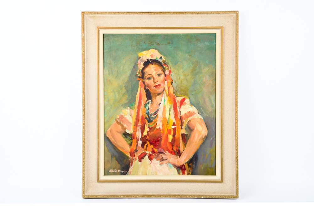 Vintage Framed Oil Painting Portrait of Gay Ribbons by Nicola Veronica