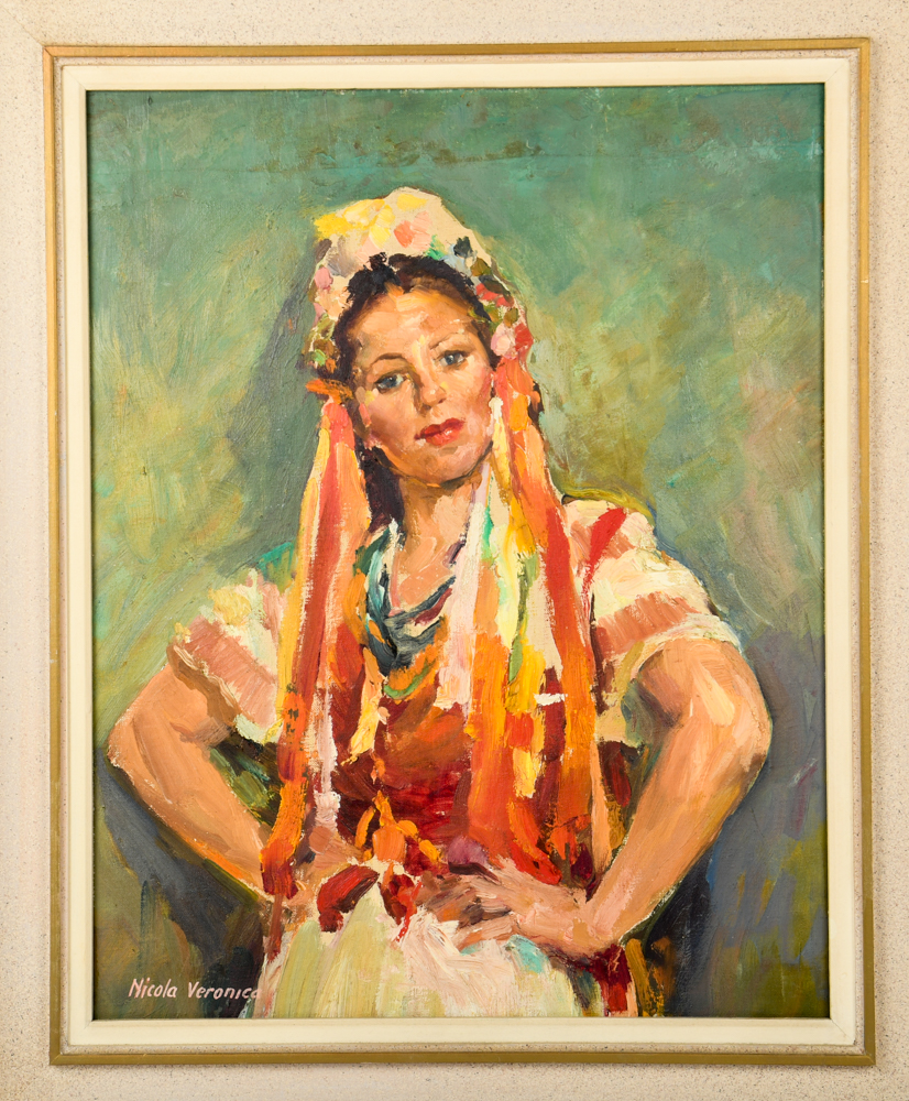 Vintage Framed Oil Painting Portrait of Gay Ribbons by Nicola Veronica