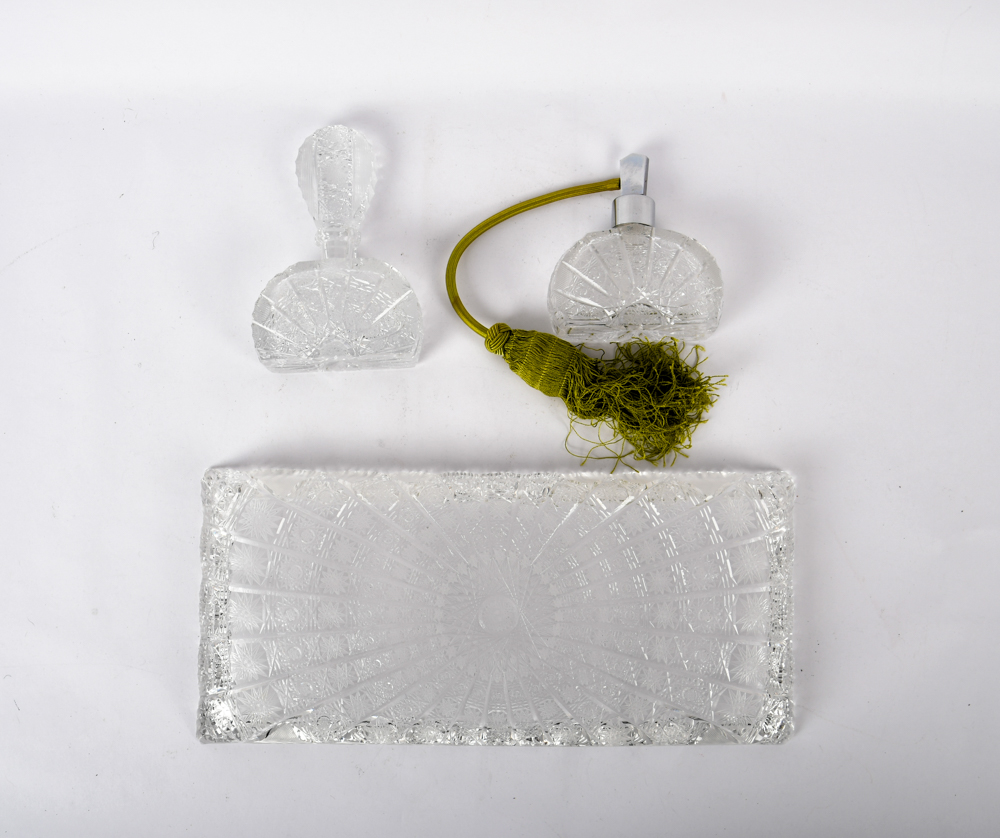 Cut Glass Tray And Perfume Bottles