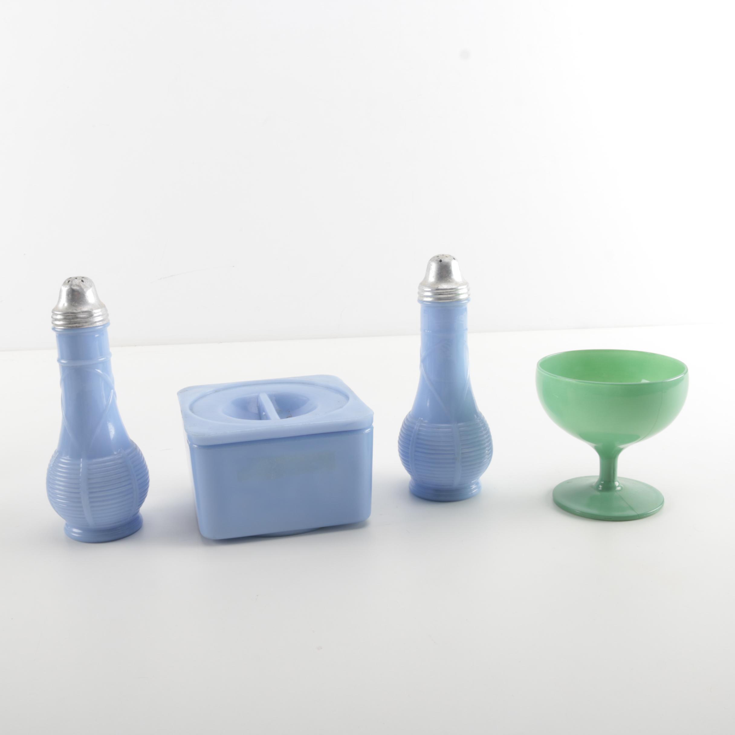 Vintage Glass Condiment Containers including Jadeite and Delphite