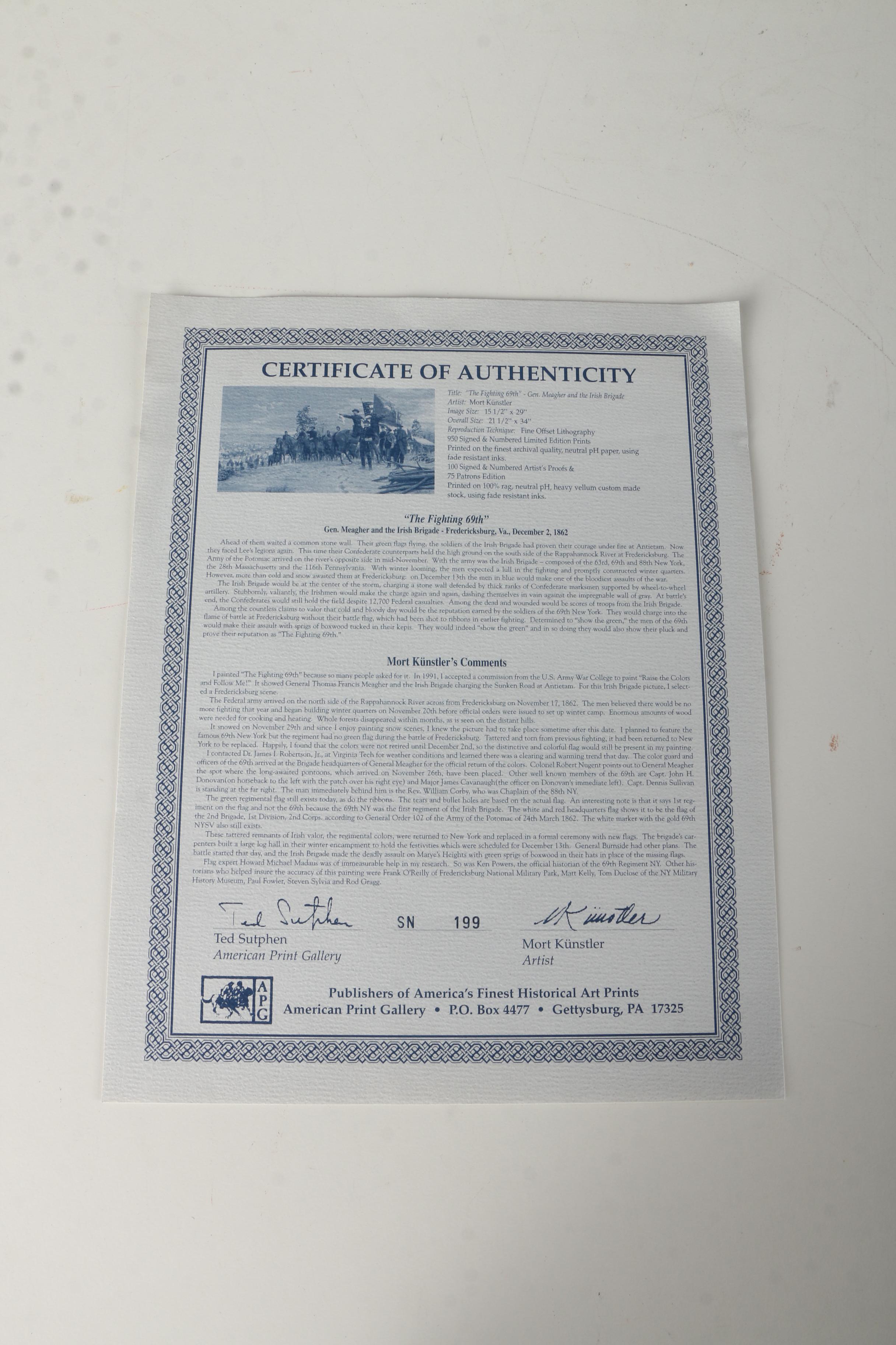 Mort Kunstler Limited Edition Offset Lithograph "The Fighting 69th"