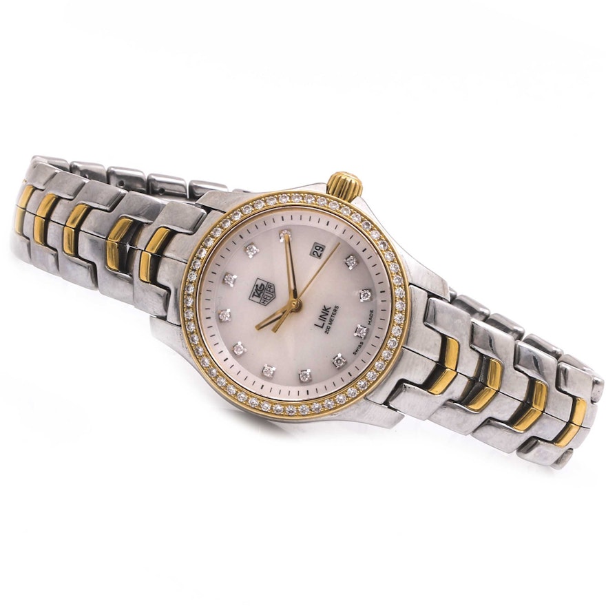 Tag Heuer "Link" Swiss Made Stainless Steel and 18K Yellow Gold Diamond Wristwatch