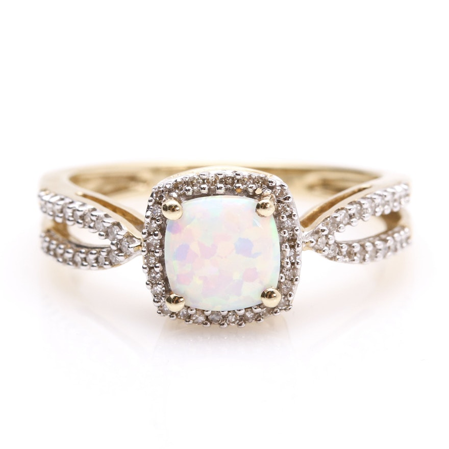 10K Yellow Gold Opal and Diamond Ring