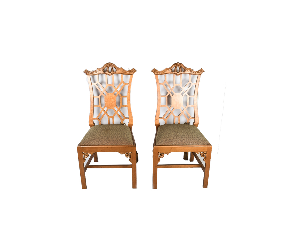 Carved Wooden Chairs with Upholstered Seat and Tassel