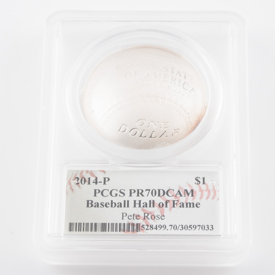 Graded PR 70DCAM (by PCGS) 2014 Pete Rose Baseball Hall of Fame Commemorative Silver Dollar