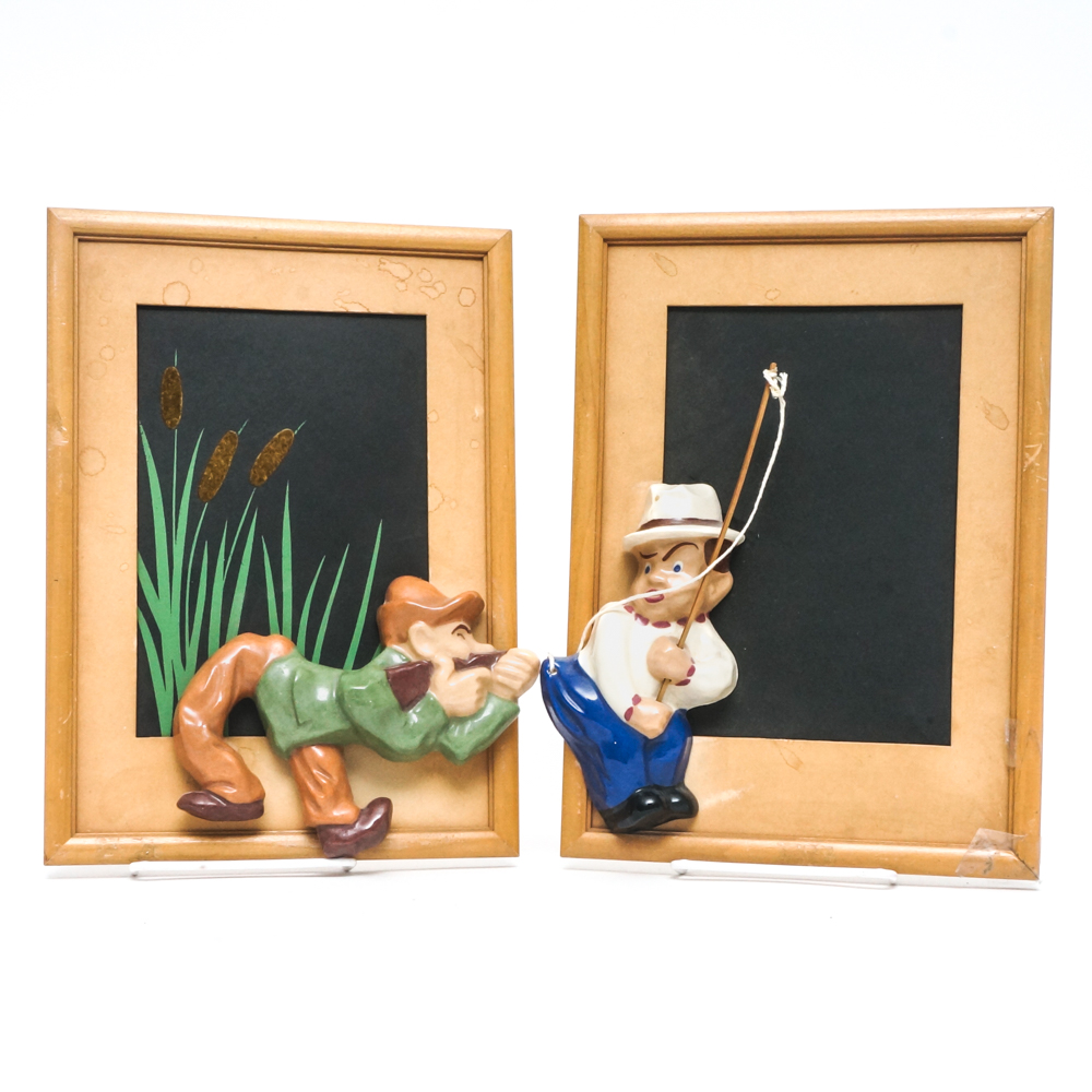 Pair of Wooden Pictures Frames with Ceramic Decorative Figures Of Artcraft Novelty