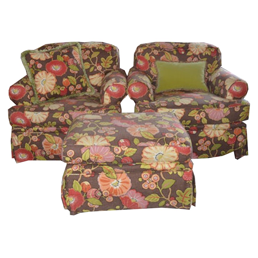 Upholstered Armchairs and Matching Ottoman by Highland House