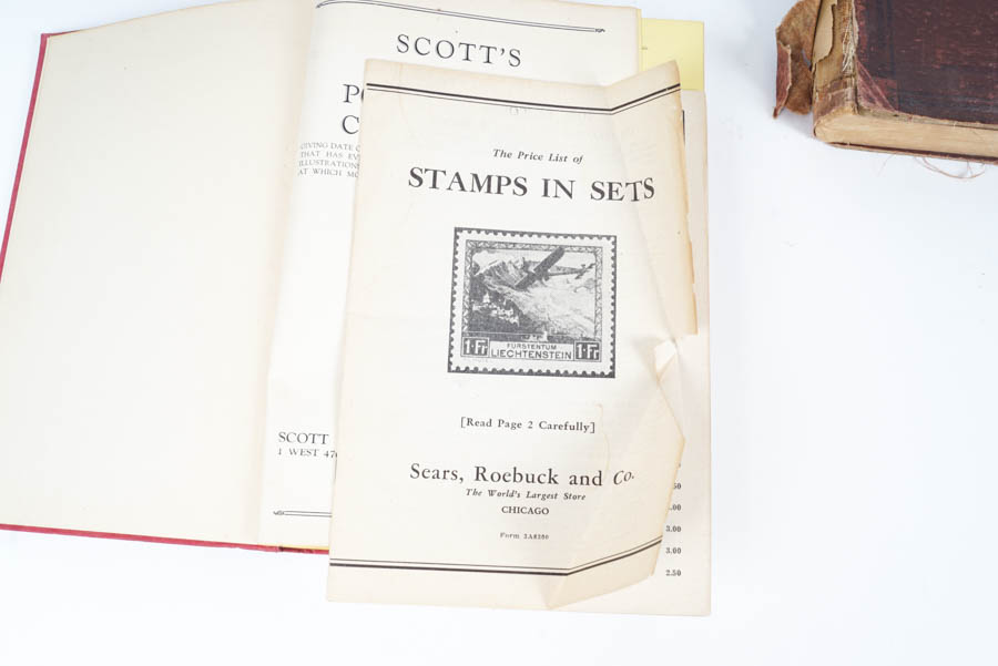 Antique Dictionary and Vintage Stamp Collector's Catalog