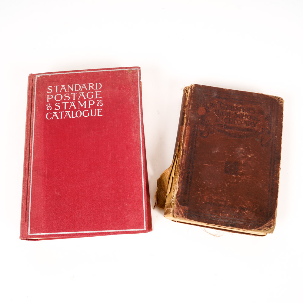Antique Dictionary and Vintage Stamp Collector's Catalog