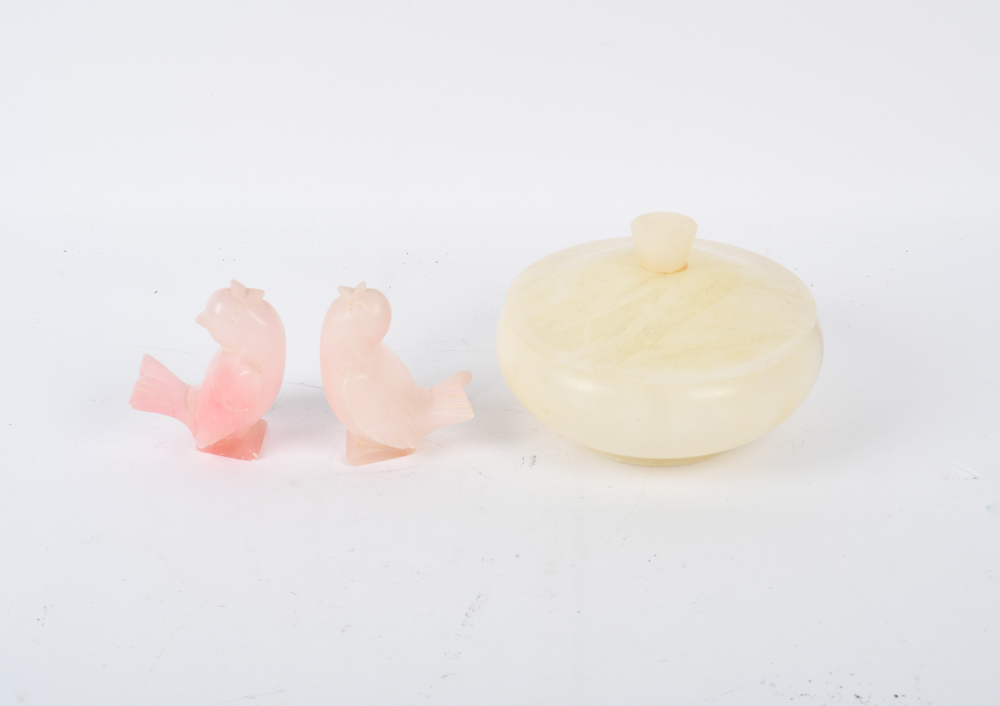 Italian Carved Alabaster Birds and Lidded Dish