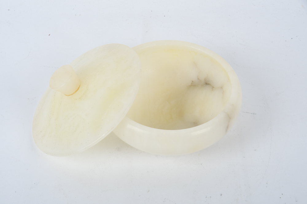 Italian Carved Alabaster Birds and Lidded Dish