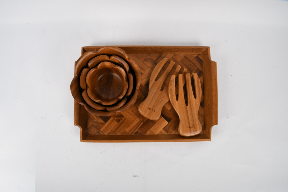 Wooden Tray with Nesting Bowls and Utensils