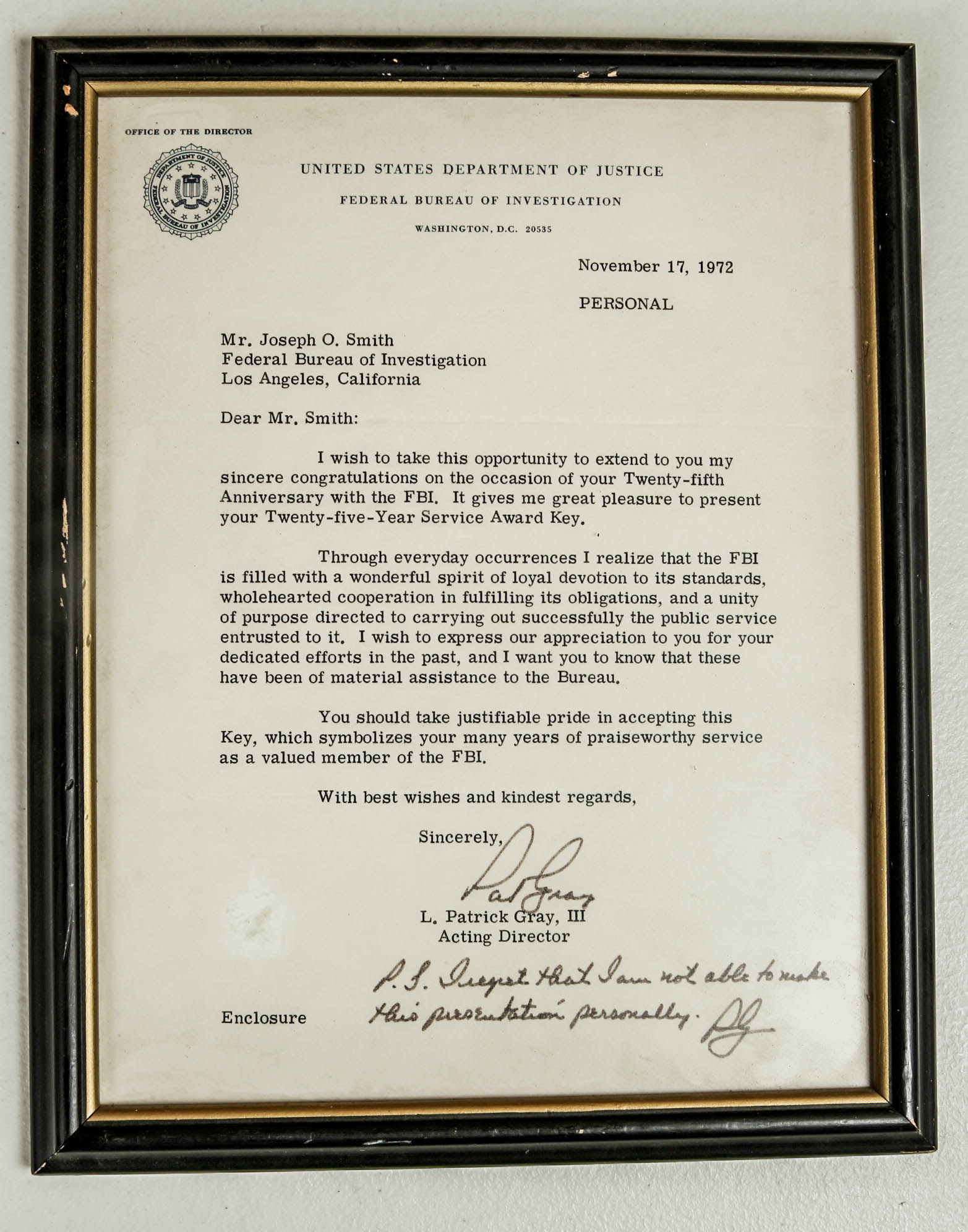 Framed 1972 Letter from Acting FBI Director and 25th Anniversary 10K Service Award Key