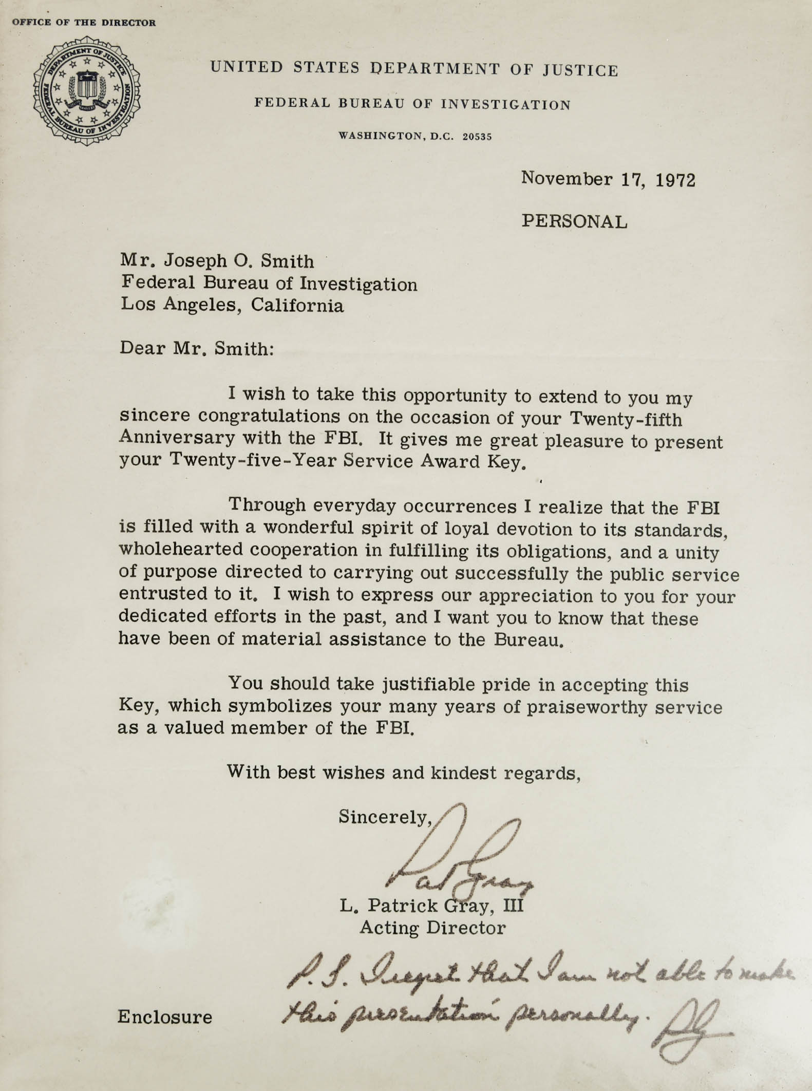 Framed 1972 Letter from Acting FBI Director and 25th Anniversary 10K Service Award Key