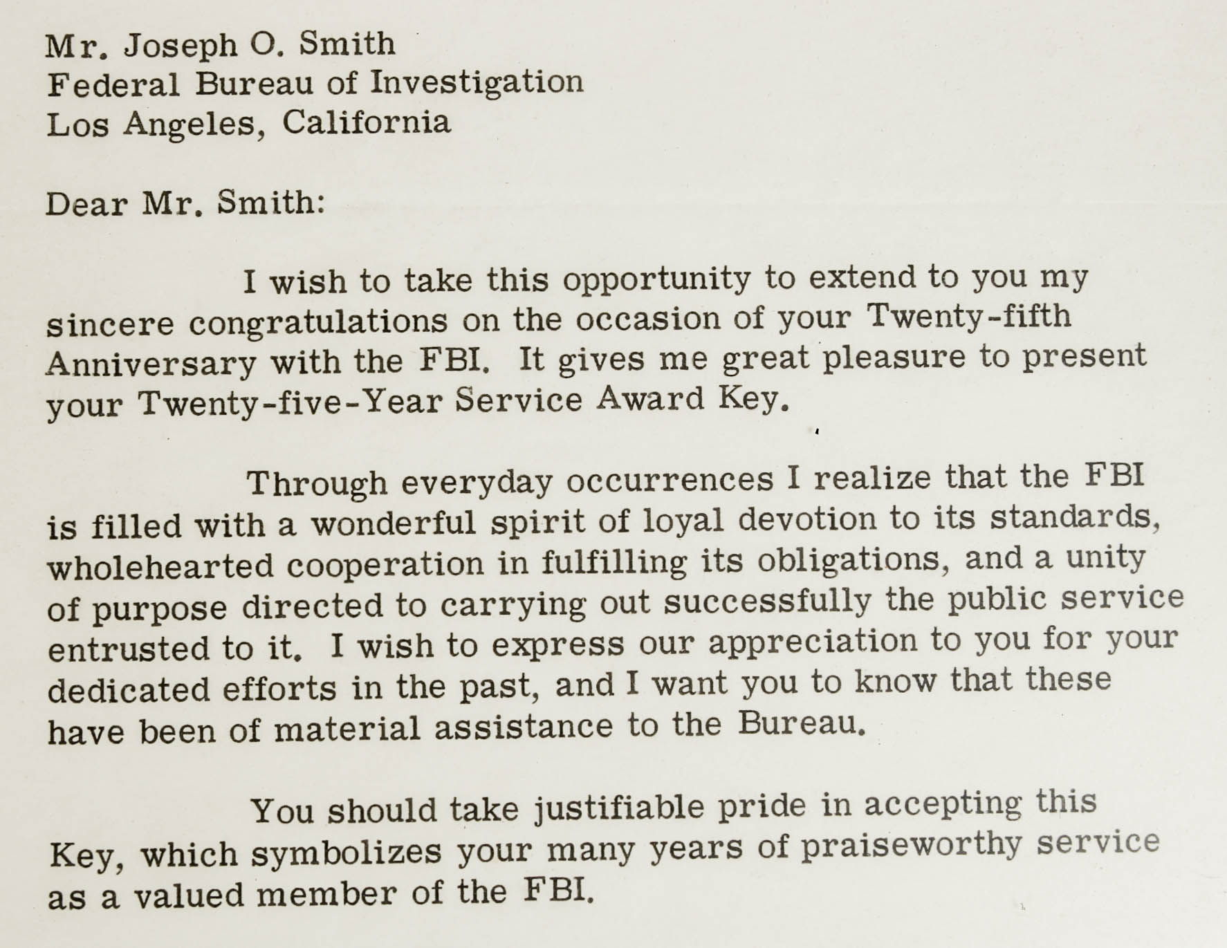 Framed 1972 Letter from Acting FBI Director and 25th Anniversary 10K Service Award Key