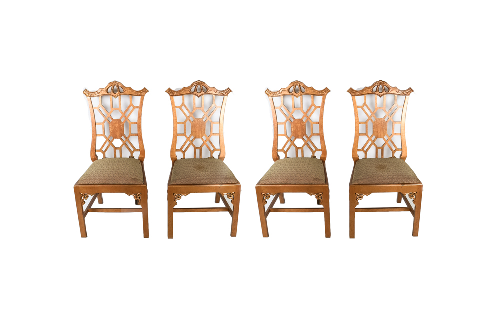 Carved Wooden Chairs with Upholstered Seat and Tassel