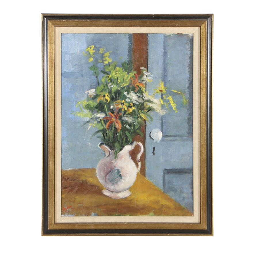 Mid 20th-Century Oil Painting on Canvas Floral Still Life