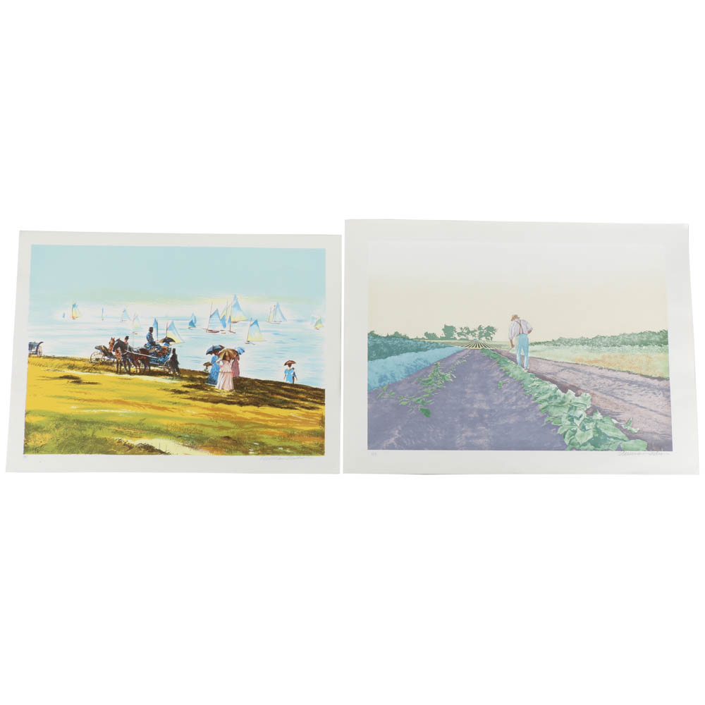 Pair of William Nelson Limited Edition Lithographs on Paper "Sunday by the Lake" and "Plenty of Advice"