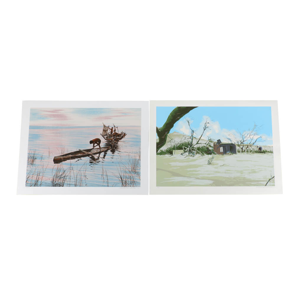 Pair of William Nelson Signed Limited Edition Lithographs "Philippine Fisherman" and "Bandit's Hideout"