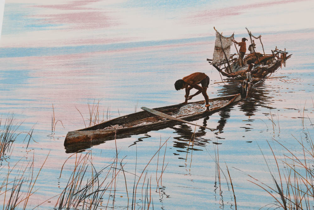 Pair of William Nelson Signed Limited Edition Lithographs "Philippine Fisherman" and "Bandit's Hideout"