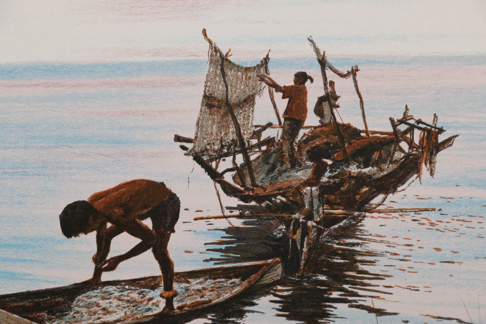 Pair of William Nelson Signed Limited Edition Lithographs "Philippine Fisherman" and "Bandit's Hideout"