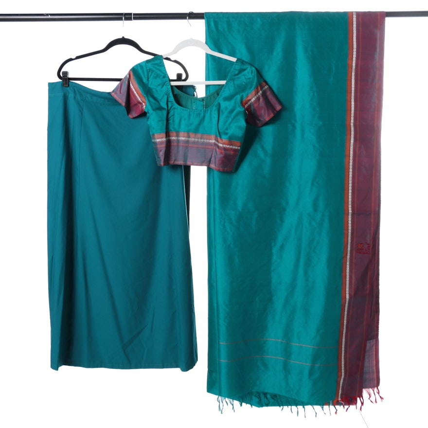 Women's Teal Striped Sari