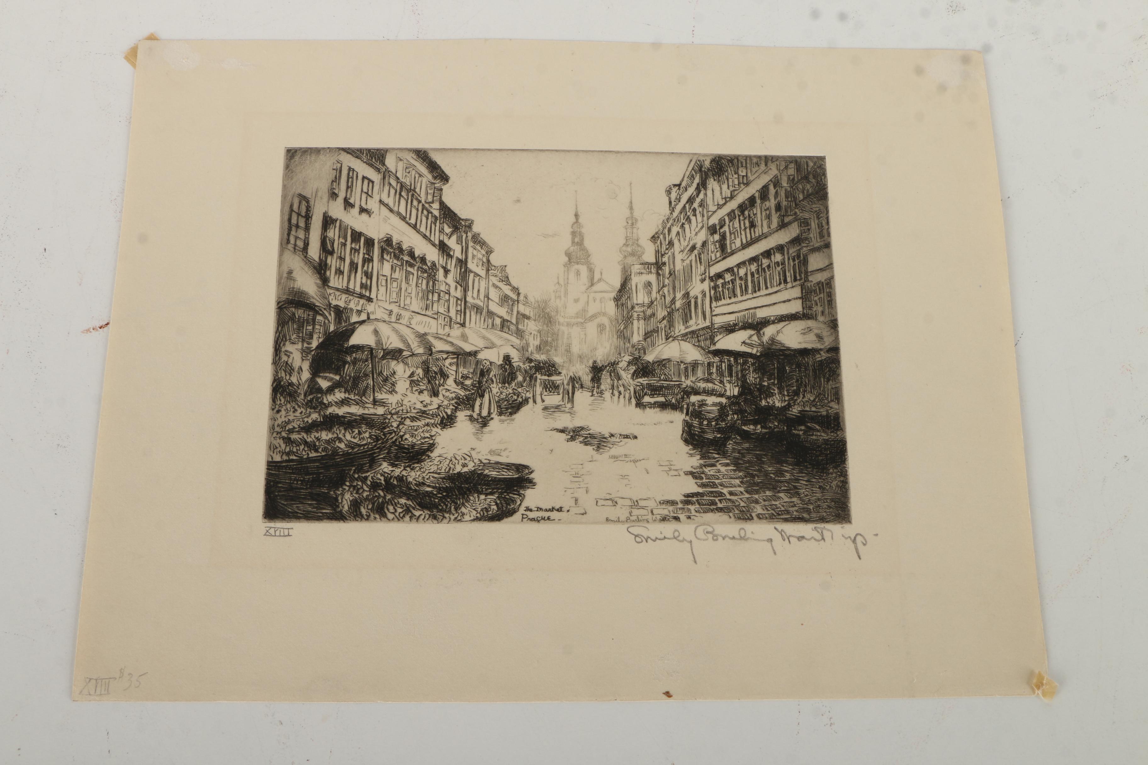Emily B. Waite Drypoint Etchings "The Market" and "Karlsbridge"