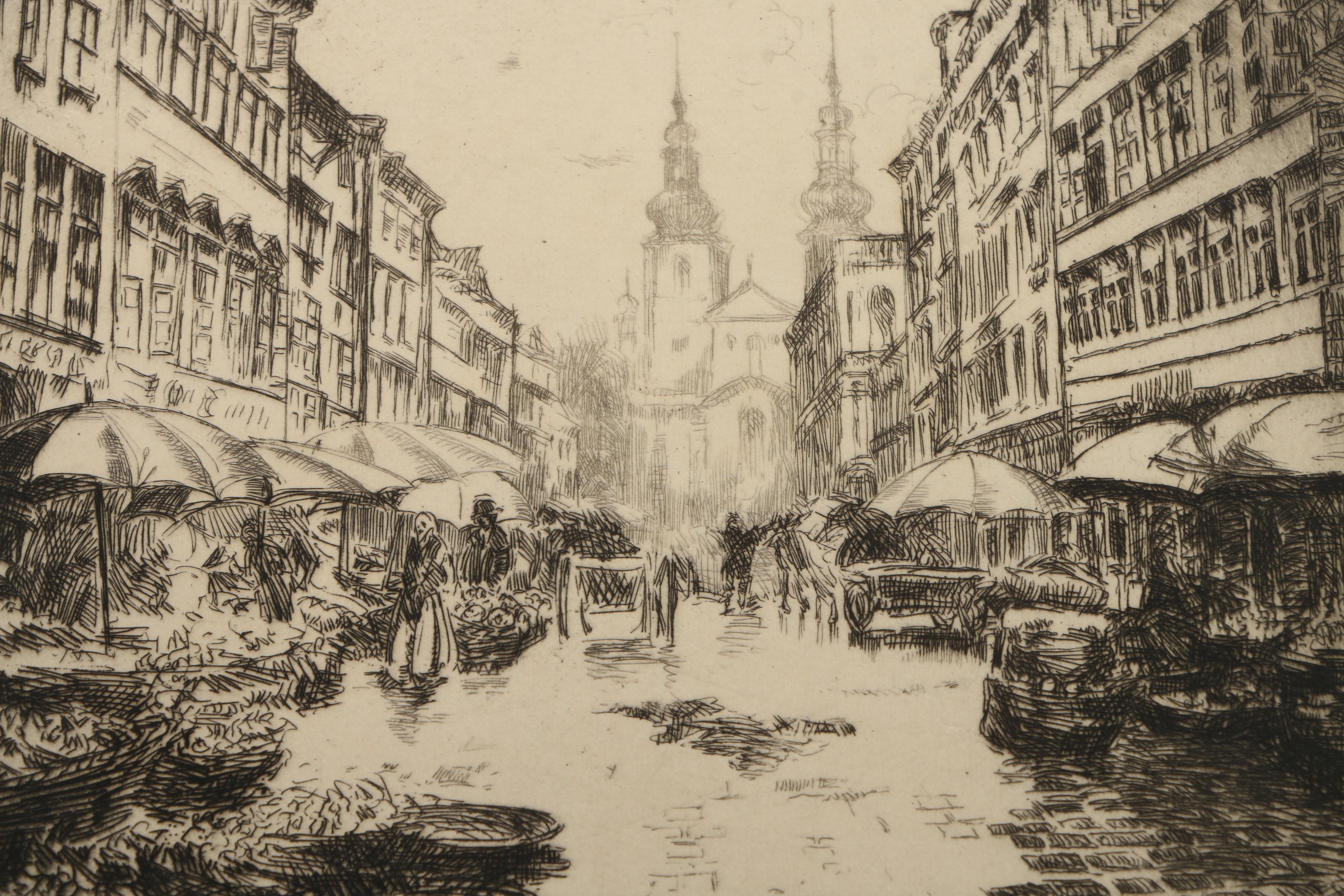Emily B. Waite Drypoint Etchings "The Market" and "Karlsbridge"