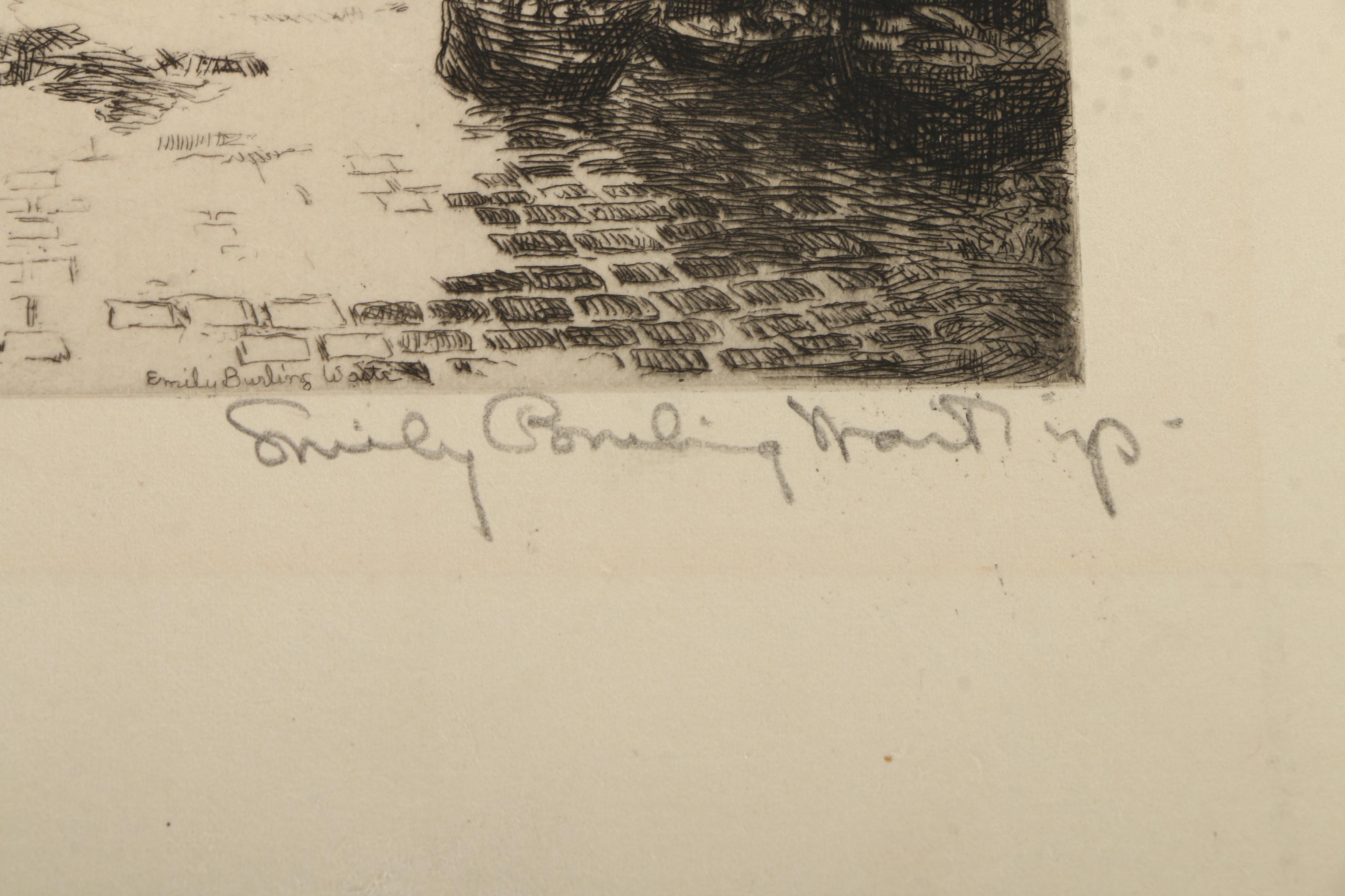 Emily B. Waite Drypoint Etchings "The Market" and "Karlsbridge"