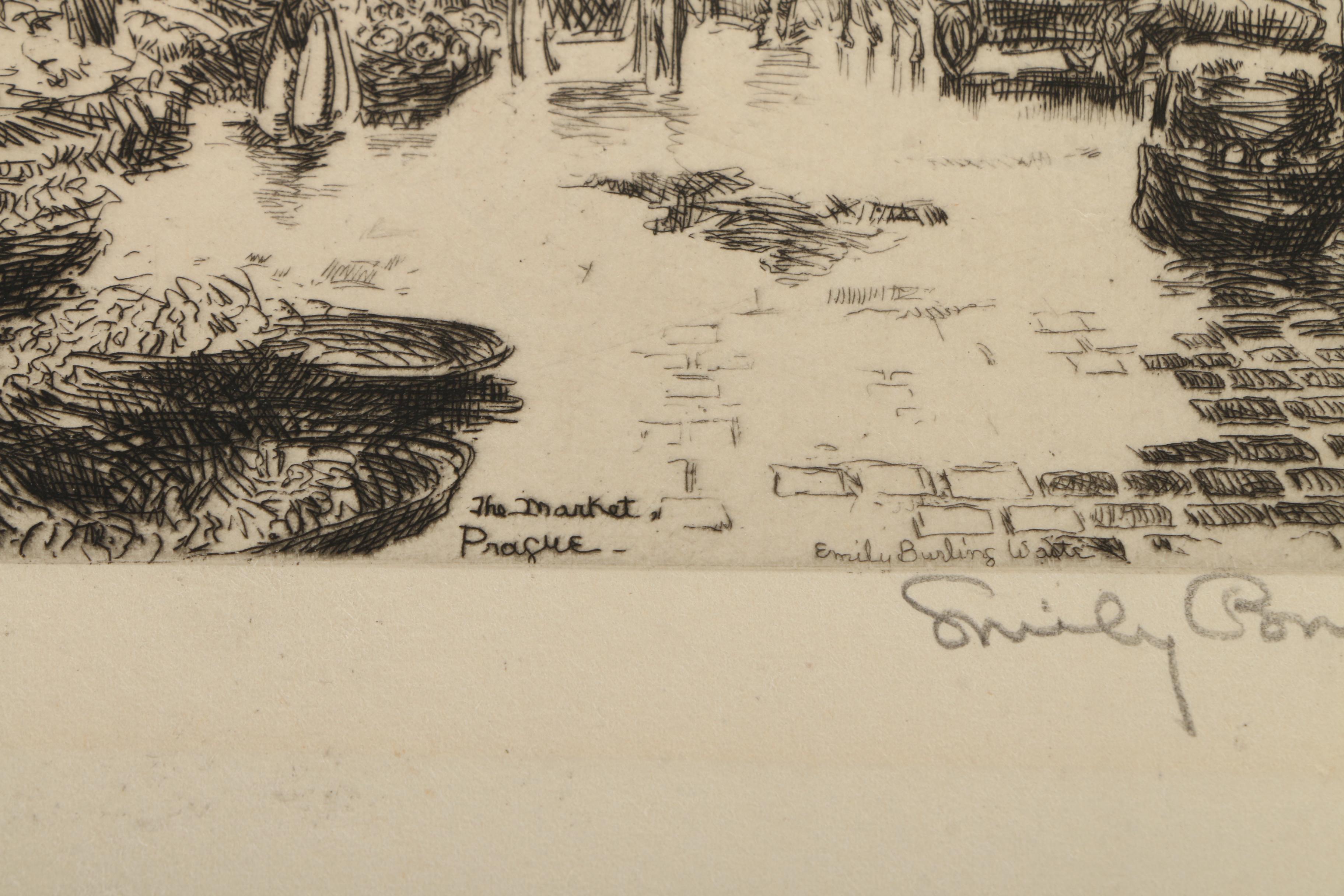 Emily B. Waite Drypoint Etchings "The Market" and "Karlsbridge"