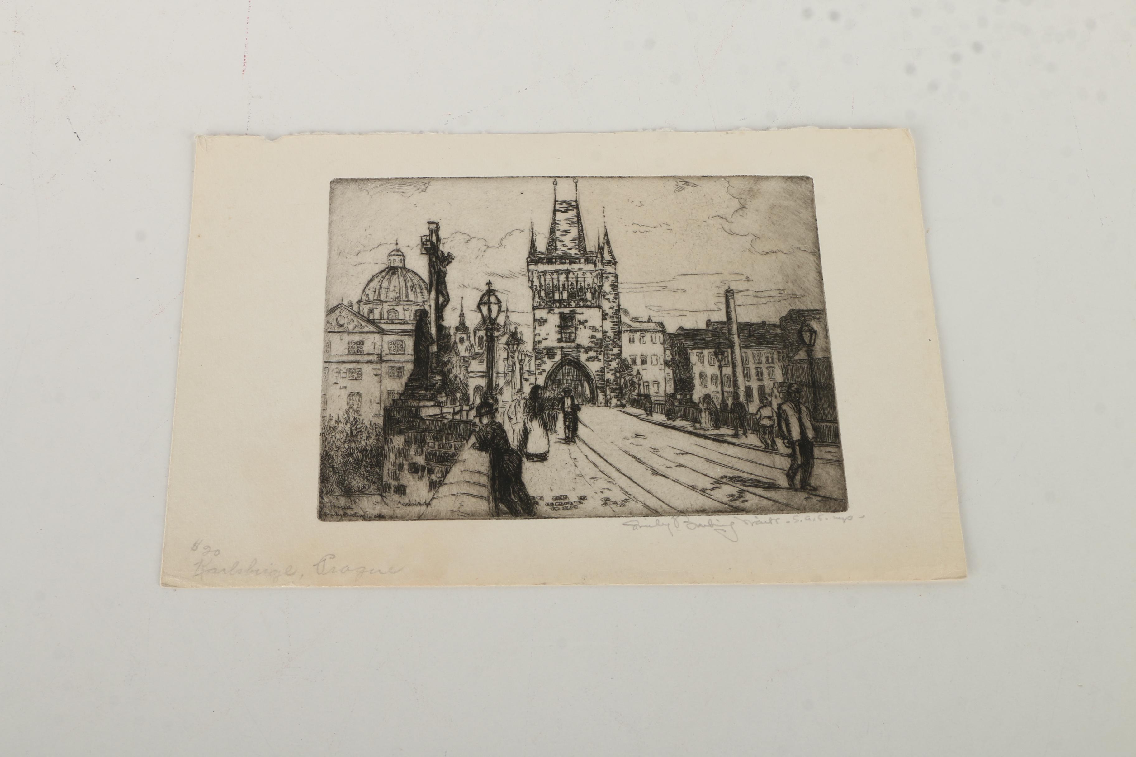 Emily B. Waite Drypoint Etchings "The Market" and "Karlsbridge"