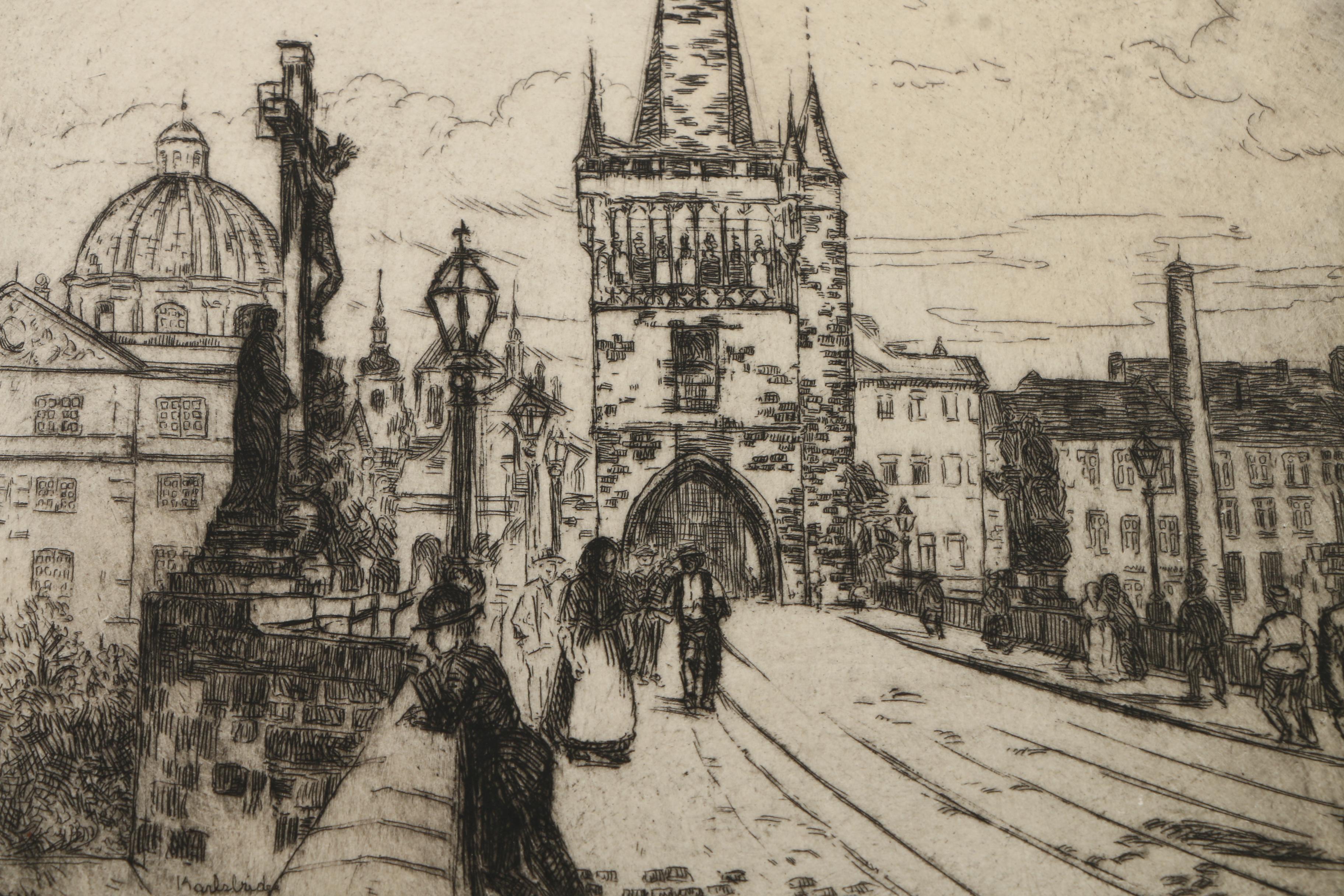 Emily B. Waite Drypoint Etchings "The Market" and "Karlsbridge"