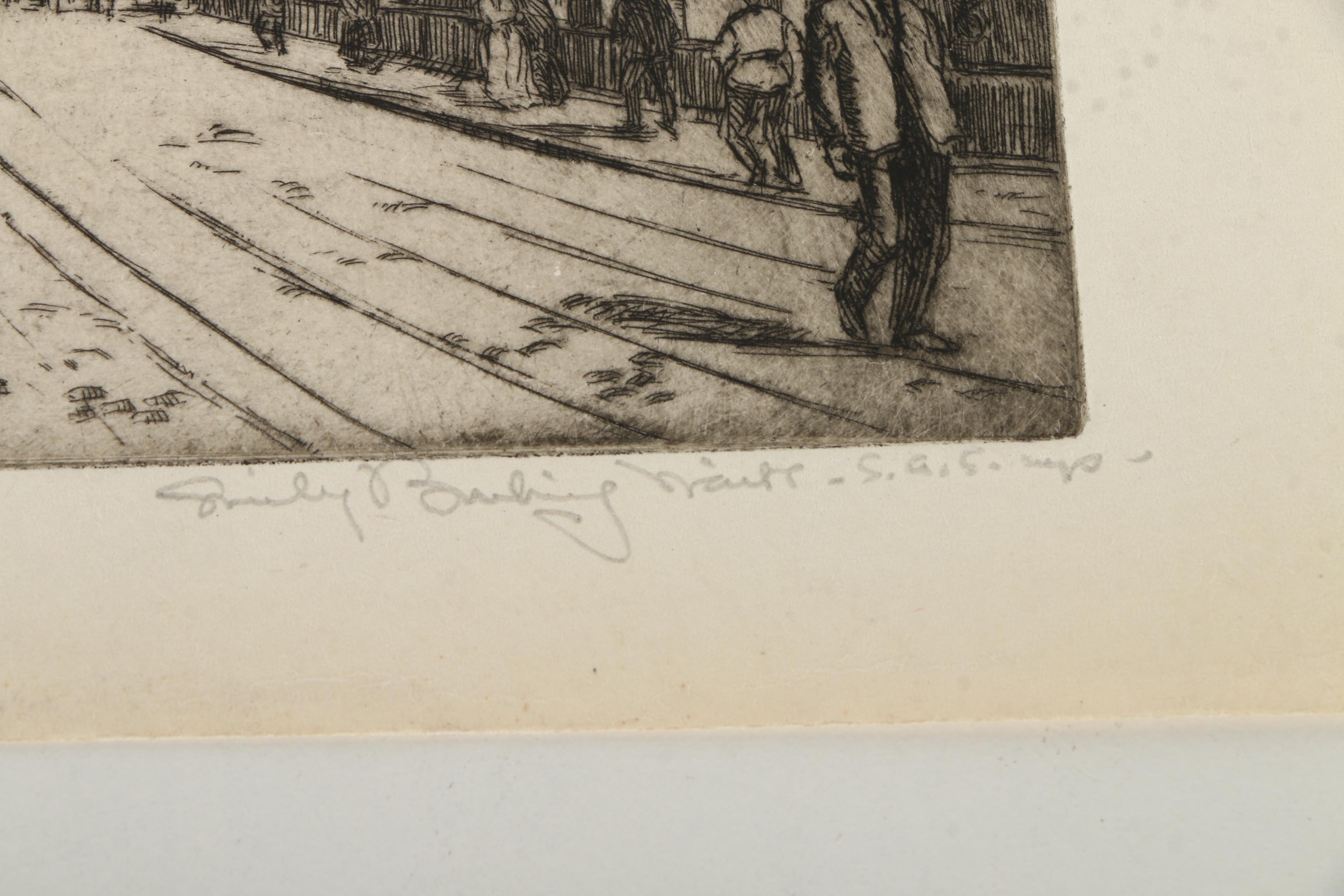 Emily B. Waite Drypoint Etchings "The Market" and "Karlsbridge"